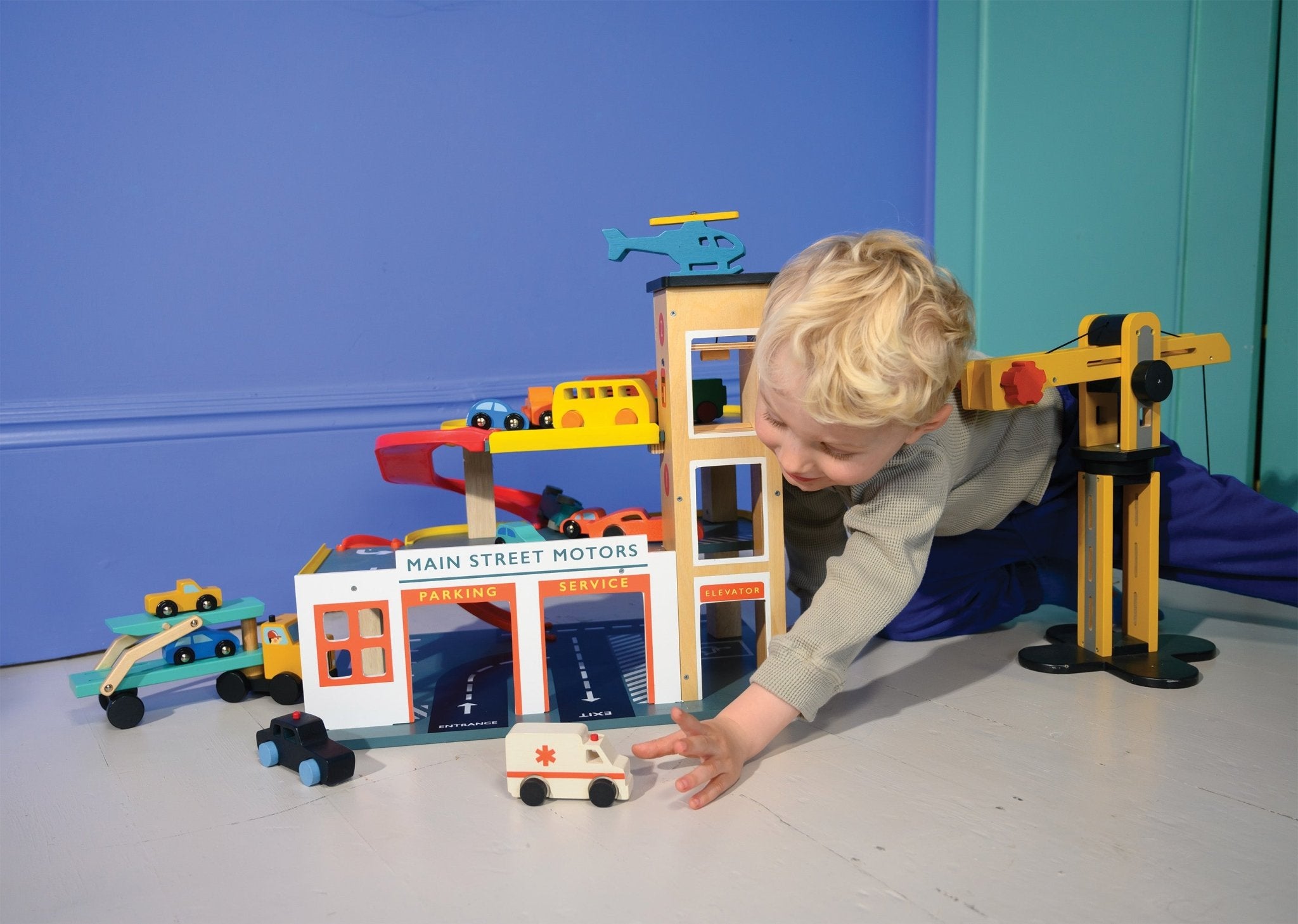 Multi-Level Garage with Lift - Mentari - Sustainable Wooden Toys Made in Indonesia - Eco-Friendly Play