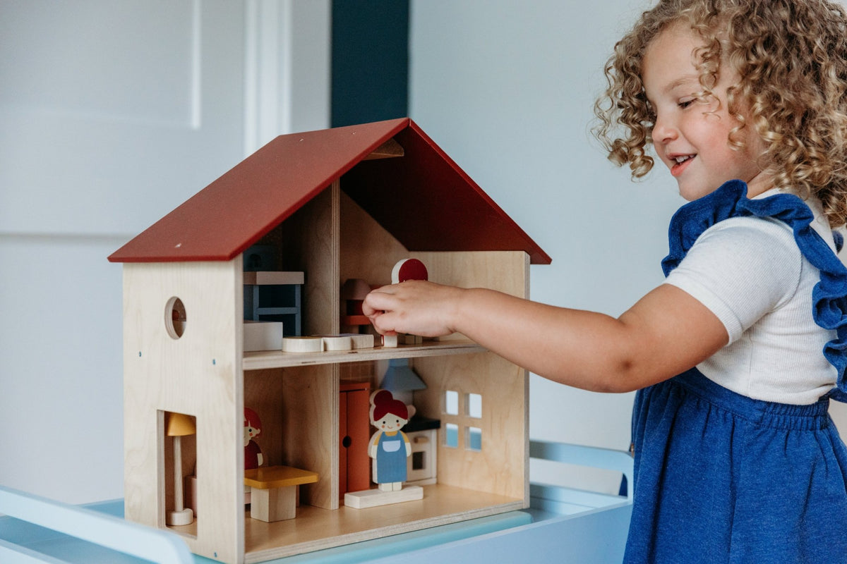 Wooden Poppets Dollhouse with Furniture - Mentari - Sustainable Wooden Toys Made in Indonesia - Eco-Friendly Play