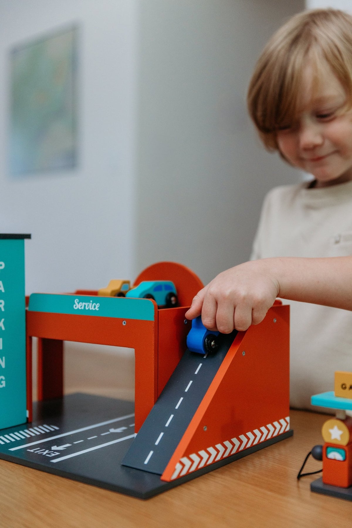Wooden Toy Gas Station with Lift - Mentari - Sustainable Wooden Toys Made in Indonesia - Eco-Friendly Play