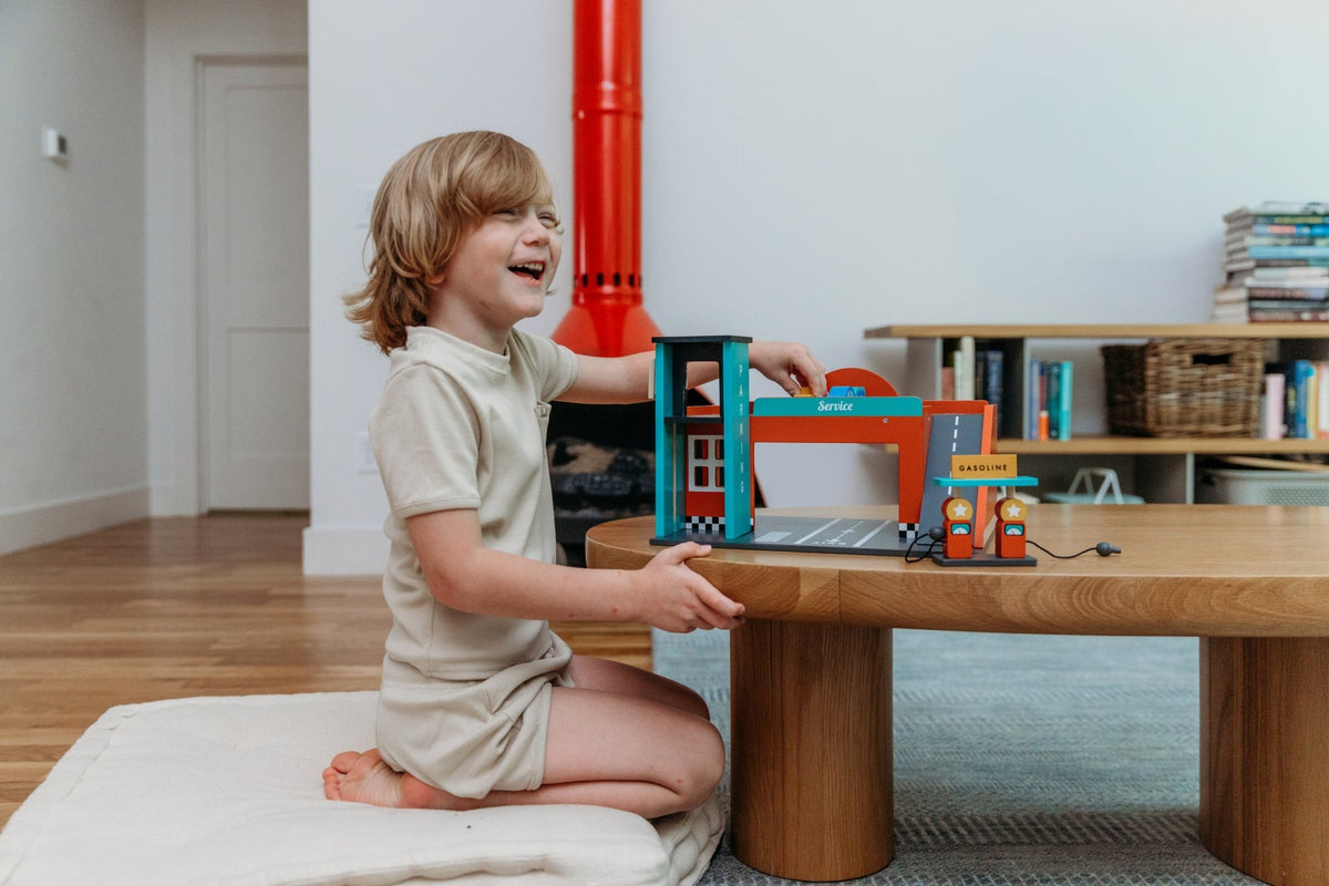 Wooden Toy Gas Station with Lift - Mentari - Sustainable Wooden Toys Made in Indonesia - Eco-Friendly Play