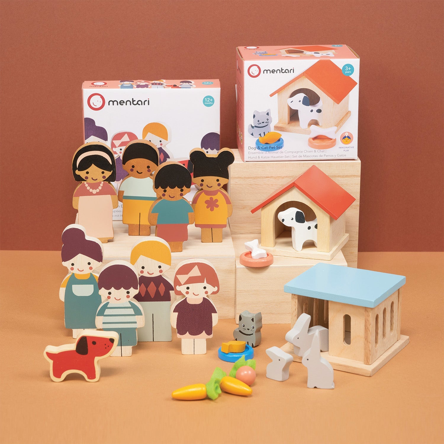 Doll Family And Pets Bundle - Mentari - Sustainable Wooden Toys Made in Indonesia - Eco-Friendly Play