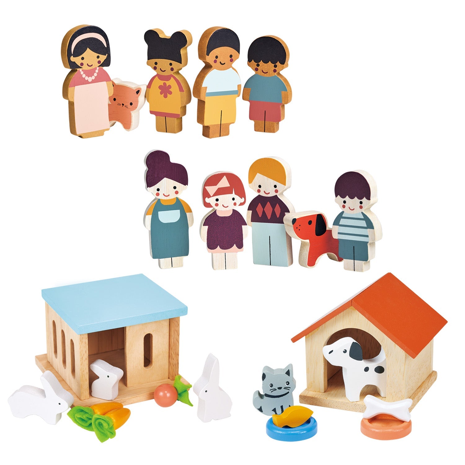 Doll Family And Pets Bundle - Mentari - Sustainable Wooden Toys Made in Indonesia - Eco-Friendly Play